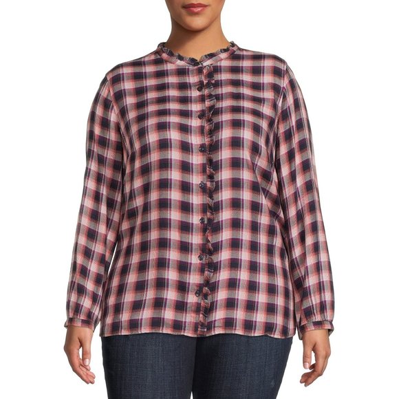 Tartan Plaid Button Down Long Sleeve Shirt Top Sz 0X NWT - Picture 1 of 9